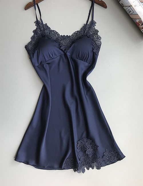 Fashion Blue Lace Flower Stitching Suspender Nightdress