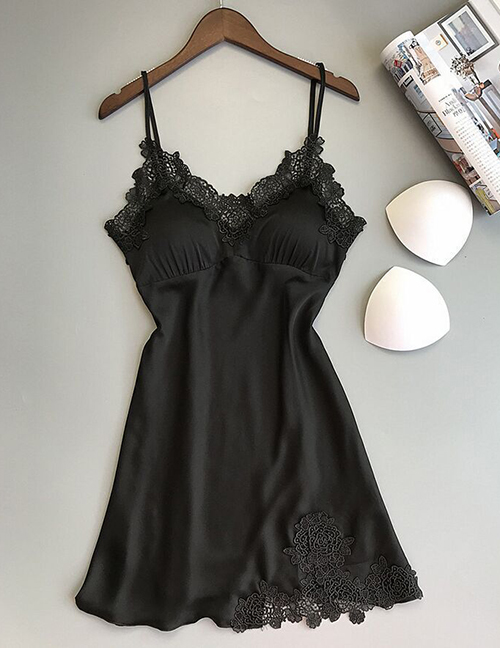 Fashion Black Lace Flower Stitching Suspender Nightdress