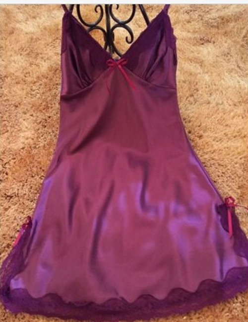 Fashion Purple Lace Lace Bow Deep V-neck Transparent Pajamas