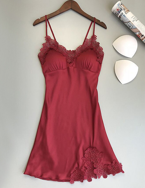 Fashion Red Openwork Embroidered Lace Suspender Pajamas