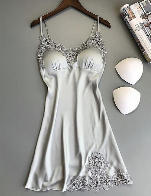 Fashion Gray Openwork Embroidered Lace Suspender Pajamas