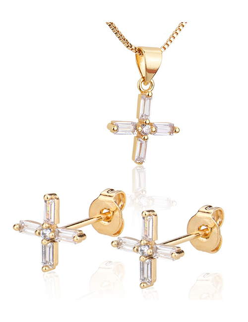 Fashion Golden Gold Plated Zircon Cross Earring Necklace Set
