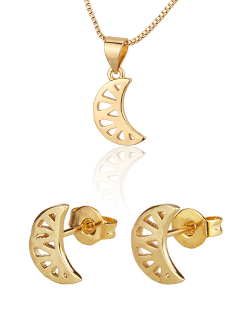Fashion Golden Hollow Flat Gold Plated Moon Earring Necklace Set