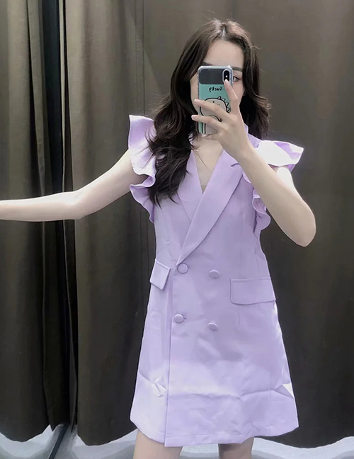 Fashion Purple Double-breasted Dress With Flying Sleeve Suit Collar