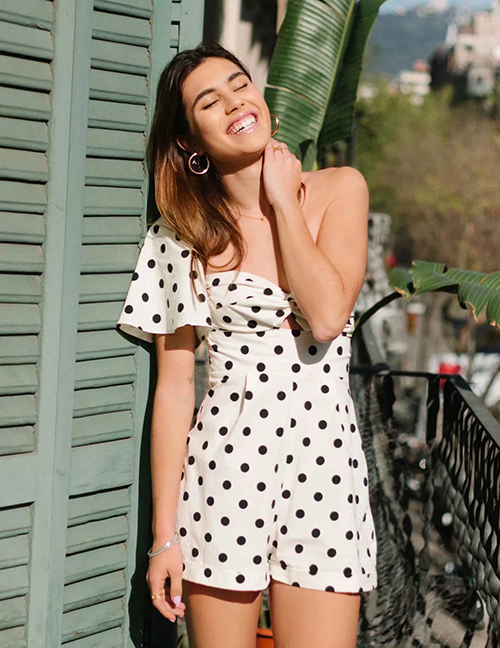 Fashion Wave Point Polka Dot Printed One-shoulder Cutout Jumpsuit