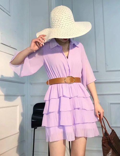 Fashion Purple Pleated Chiffon Dress With Belt