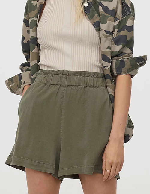 Fashion Army Green Denim Blended Elasticated Waist Shorts