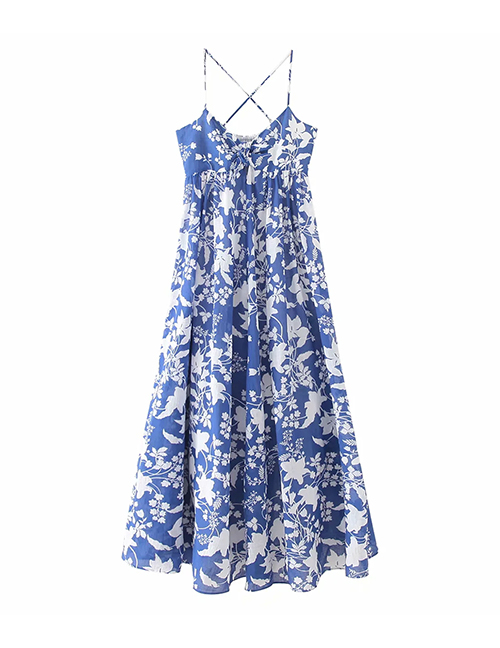 Fashion Blue Print V-neck Camisole Dress
