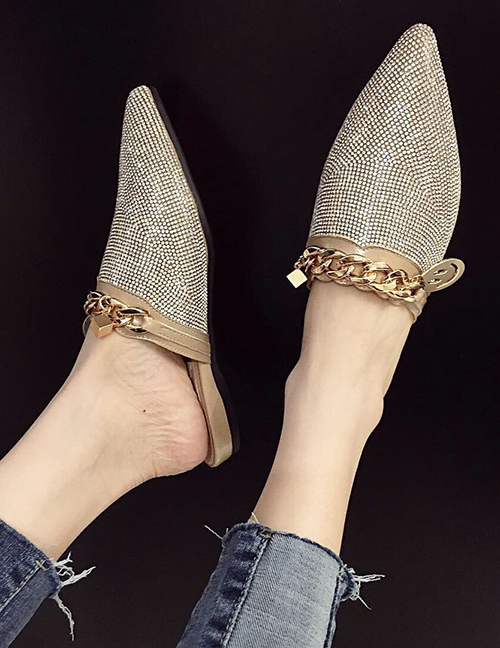 Fashion Khaki Diamond And Rhinestone Flat Heel Chain Pointed Sandals