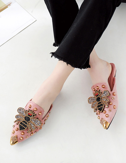 Fashion Pink Pointed Rivets Bee And Diamond Toe Cap Half Slippers
