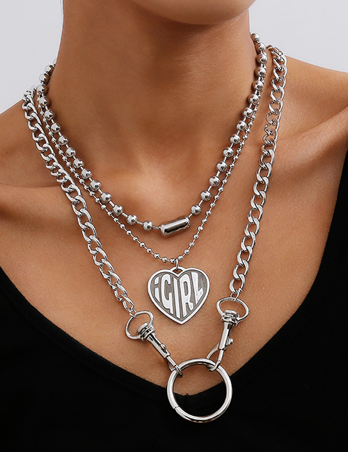Fashion White K Heart-shaped Embossed Alphabet Bead Chain Multi-layer Necklace