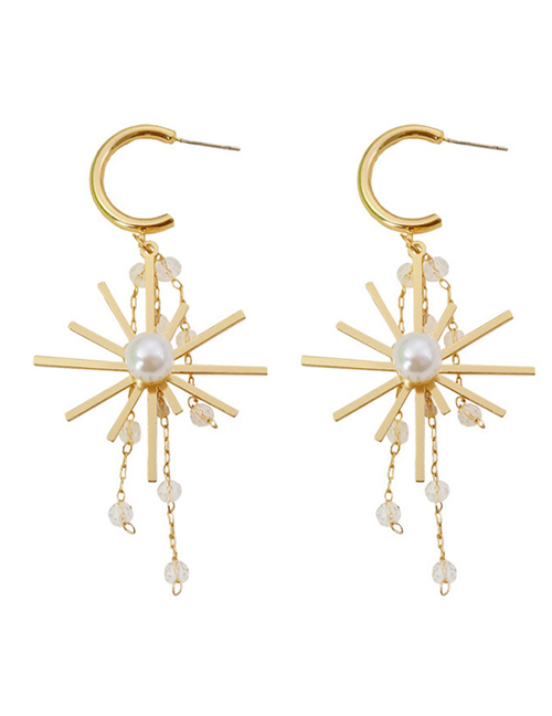 Fashion Golden Crystal Sun Flower Fringed Pearl Alloy Earrings