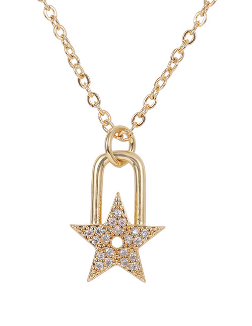 Fashion Golden Copper-set Zircon Pentagram Lock Necklace