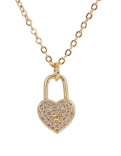 Fashion Golden Copper Inlay Zircon Love Lock Necklace