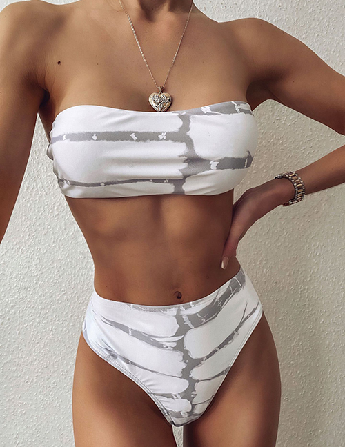 Fashion White Irregular Print Tube Top High Waist Split Swimsuit