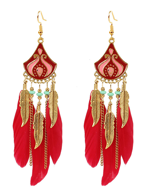 Fashion Red Feather Rice Bead Alloy Dropping Fringe Earrings