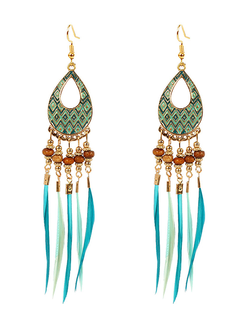 Fashion Green Feather Rice Beads Geometric Cutout Earrings