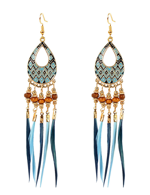 Fashion Blue Feather Rice Beads Geometric Cutout Earrings