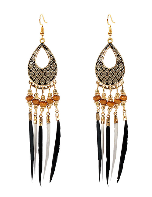 Fashion Black Feather Rice Beads Geometric Cutout Earrings