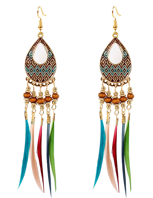 Fashion Color Mixing Feather Rice Beads Geometric Cutout Earrings
