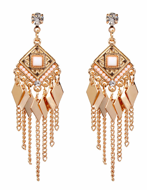 Fashion White Geometric Diamond Rhinestone Chain Alloy Earrings