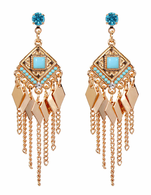 Fashion Blue Geometric Diamond Rhinestone Chain Alloy Earrings