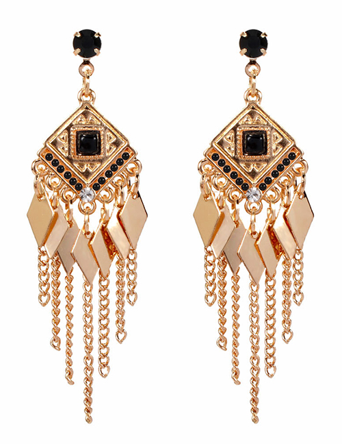 Fashion Black Geometric Diamond Rhinestone Chain Alloy Earrings