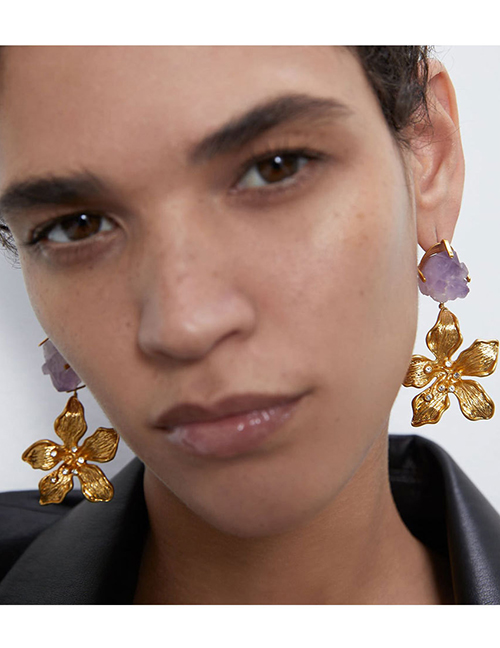 Fashion Golden Flower Irregular Diamond Earrings With Natural Stone Alloy