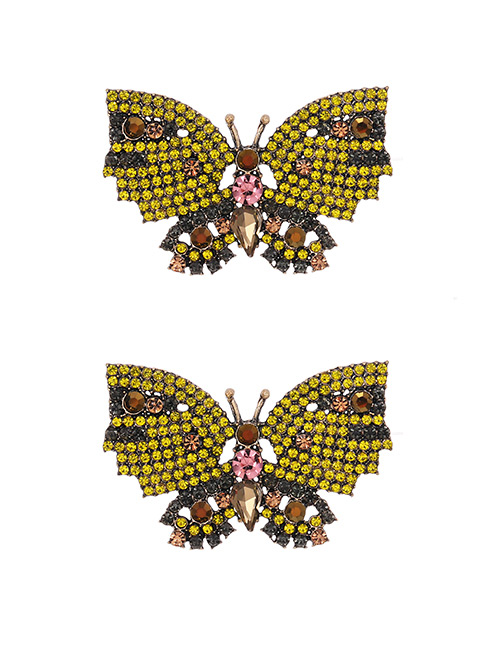 Fashion Yellow Butterfly Earrings With Alloy Diamonds