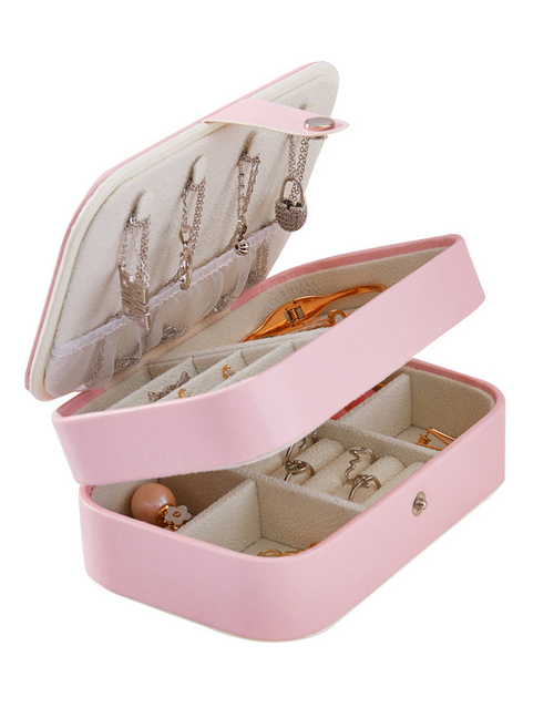 Fashion Pink Pu Leather Double-layer Small Jewelry Portable Jewelry Box