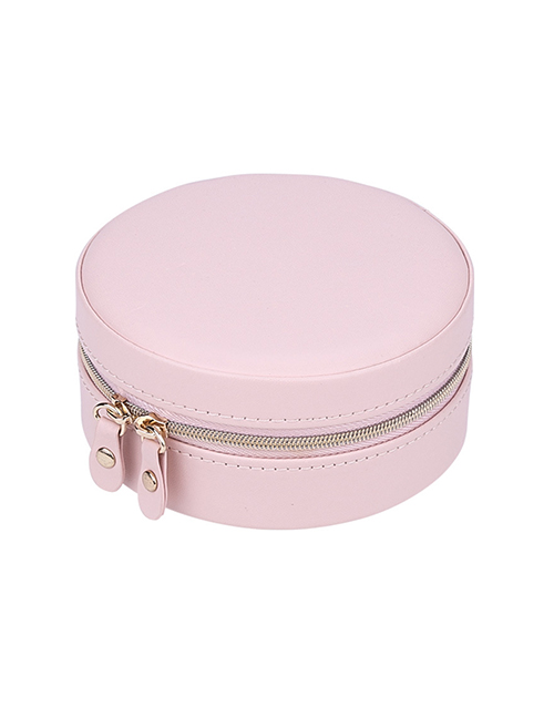 Fashion Nude Pink Round Portable Pu Leather Zipper Earrings Necklace Ring Storage Box