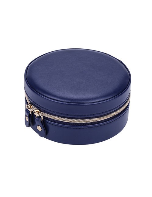 Fashion Dark Blue Round Portable Pu Leather Zipper Earrings Necklace Ring Storage Box