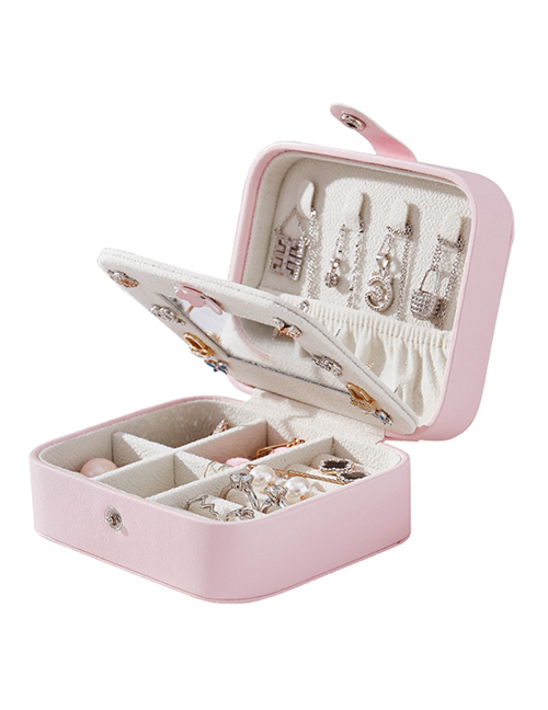 Fashion Pink Button Portable Multifunctional Pu Leather Jewelry Box