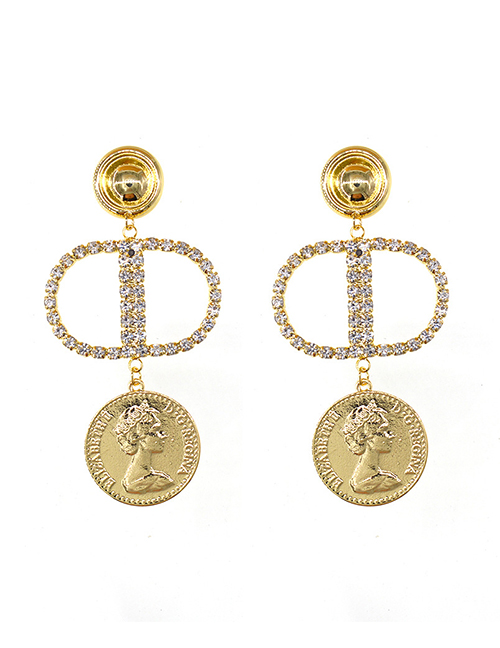 Fashion Golden Embossed Diamond Earrings With Coins And Diamonds