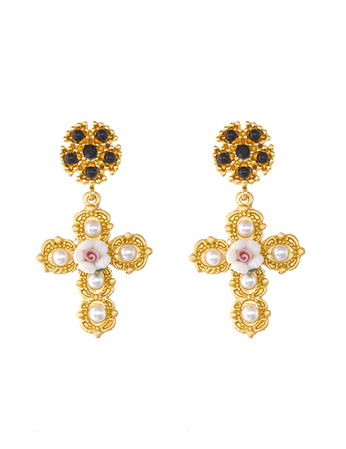 Fashion Golden Gemstone Cross Baroque Ceramic Flower Pearl Earrings