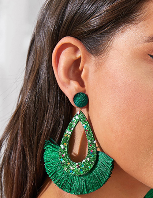 Fashion Green Tassel Sequins Plume Drop Earrings