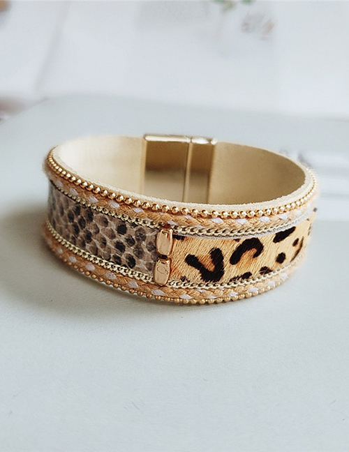 Fashion Leopard Stitching Multilayer Bracelet With Diamond Pu Leather Leopard Pattern Magnet Buckle