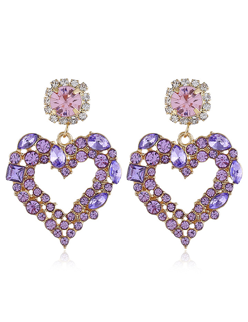 Fashion Purple Alloy Diamond Love Hollow Earrings