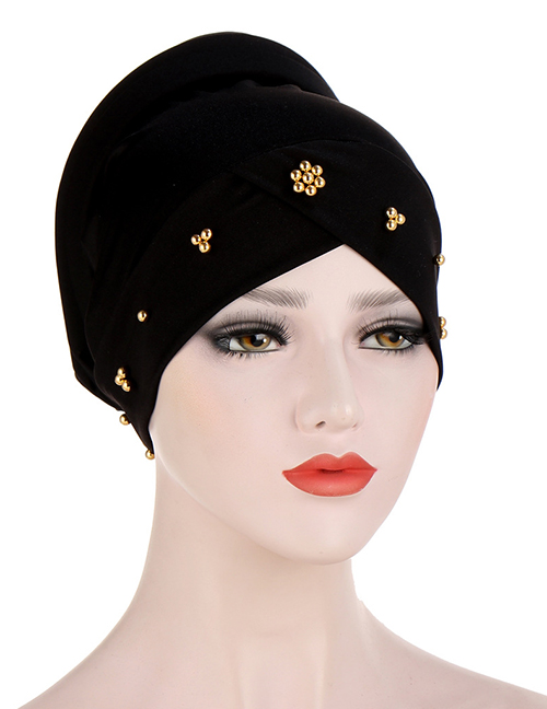 Fashion Black Beaded Flower Sponge Splicing Cross Turban Hat