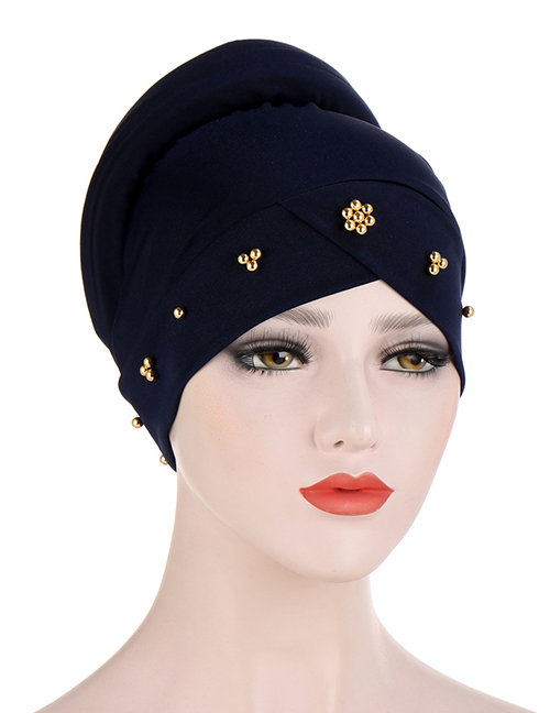 Fashion Navy Blue Beaded Flower Sponge Splicing Cross Turban Hat