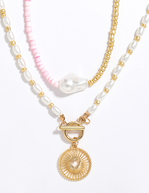 Fashion Golden Alloy Love Heart-shaped Radial Round Pendant Imitation Pearl Multi-layer Necklace