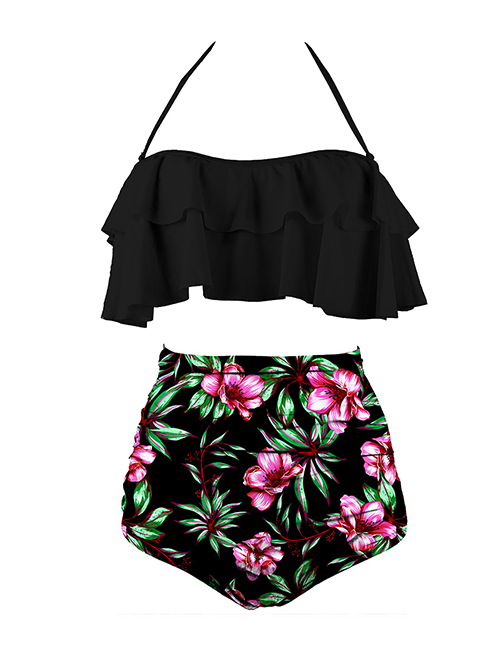 Fashion Black Top + Black Leaf Green Leaf Rose Pink Flower High Waist Tube Top Ruffle Split Swimsuit