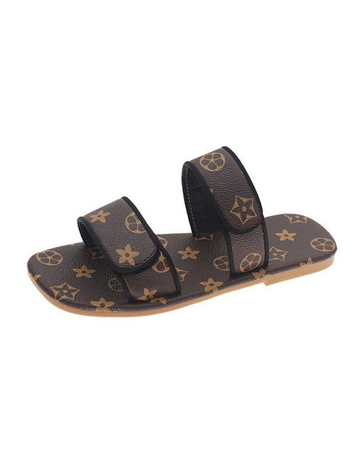 Fashion Brown Mickey Print Word Wear Flat Sandals And Slippers