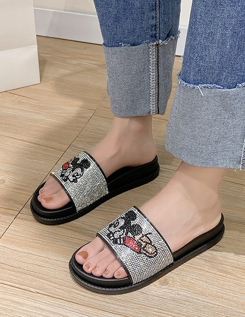 Fashion Silver Mickey Rhinestone Thick-bottomed Muffins And Flat Sandals