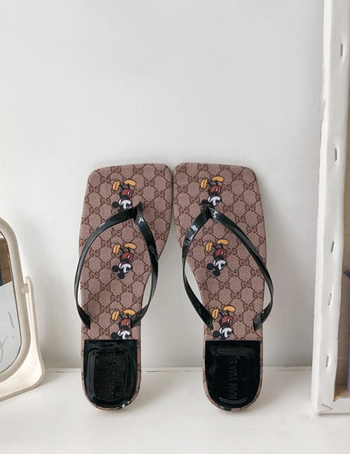 Fashion Black Mickey Print Square Head Flat Bottom Sandals And Slippers