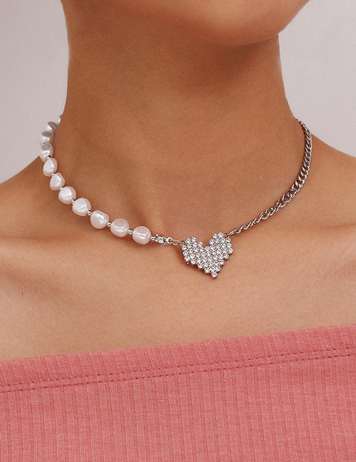 Fashion White K Imitation Pearl Love Diamond Asymmetric Necklace