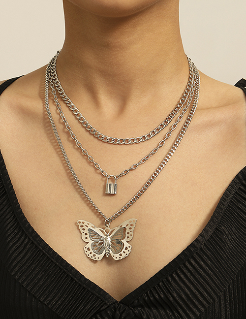 Fashion White K Geometric Three-dimensional Hollow Butterfly Lock Necklace