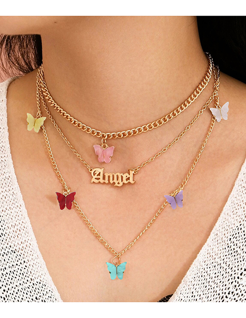 Fashion Color Alloy Resin Butterfly Letter Multi-layer Necklace