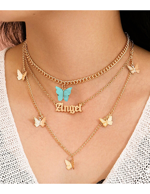 Fashion Blue Alloy Resin Three-dimensional Butterfly Alphabet Multi-layer Necklace