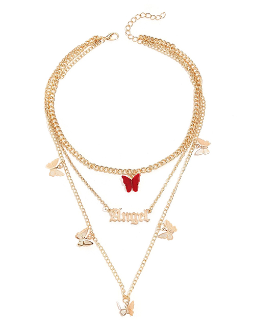 Fashion Red Alloy Resin Three-dimensional Butterfly Alphabet Multi-layer Necklace